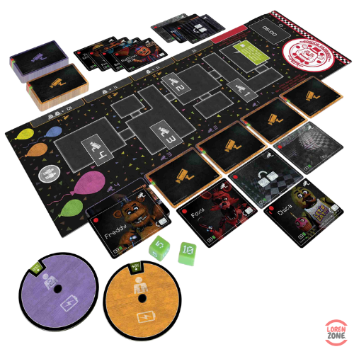 Five Nights at Freddy's Survivre 6h - contenu : plateau, cartes caméras, cartes horloge, dés énergie