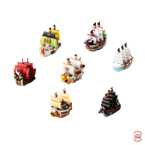 Ensemble de six mini bateaux One Piece issus de la collection The Grand Line Series Vehicles par Pop Mart.