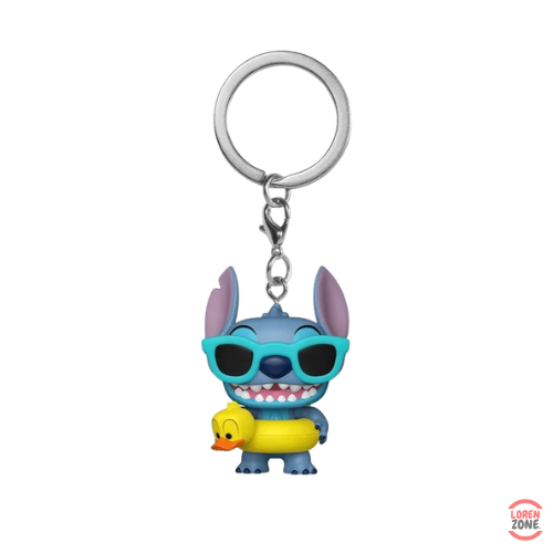 Figurine porte-cles Funko Pocket Pop Stitch In Tube avec bouee canard jaune et lunettes turquoise
