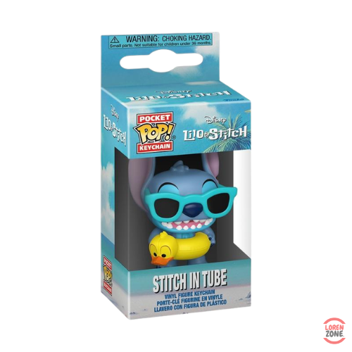Packaging Funko Pocket Pop Keychain Disney Lilo Stitch In Tube porte-cles bouee canard et lunettes