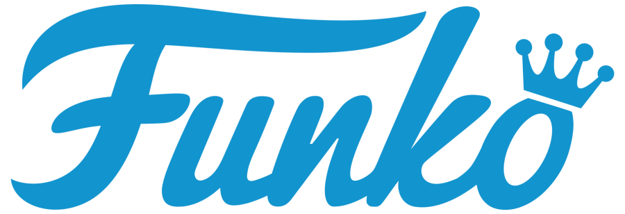 Logo Funko en bleu avec typographie manuscrite et petite couronne au-dessus de la lettre o