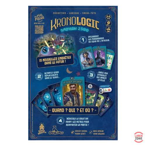 Kronologic Babylon 2500 - contenu : tuiles heures, personnages futuristes, cartes lieux Babylone 2500