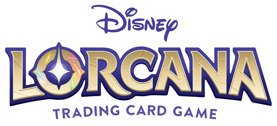 Logo Disney Lorcana Trading Card Game, typographie dorée et violette avec symbole lumineux au centre de la lettre O