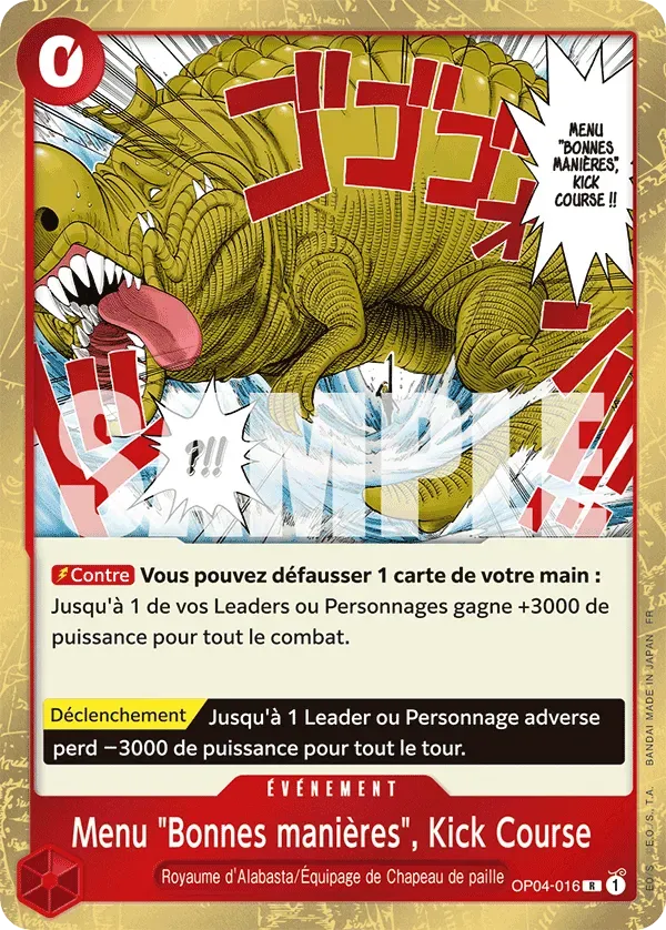 Carte One Piece Menu "Bonnes manières", Kick Course V1 - PRB02 - FR OP04-016 Rare The Best Vol.2 Neuf FR LorenZone