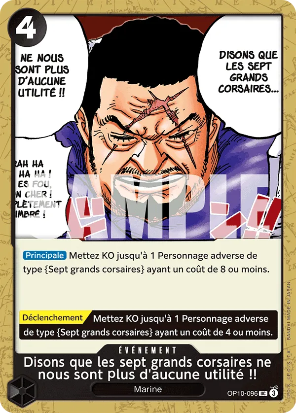 Carte One Piece Disons que les sept grands corsaires ne nous sont plus d'aucune utilité !! OP10-096 UC Sang Royal Neuf FR LorenZone