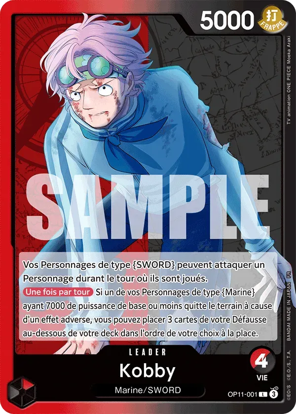 Carte One Piece Koby V1 - FR OP11-001 L Des Poings Vifs Comme l'Éclair Neuf FR LorenZone