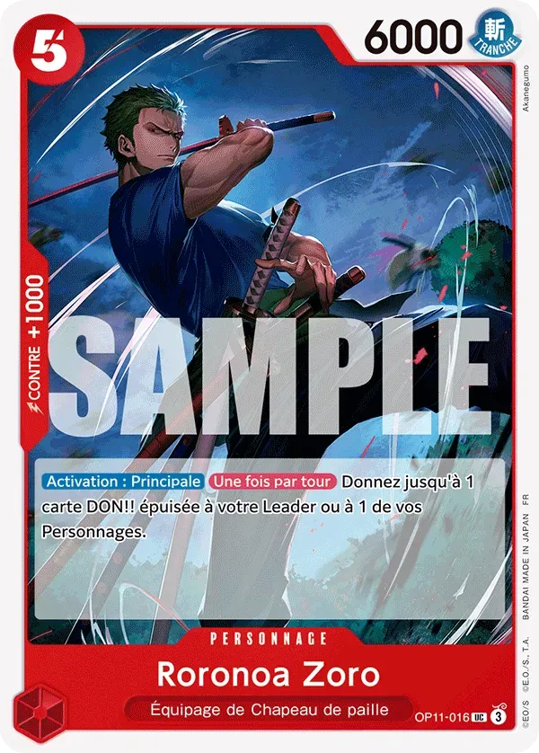 Carte One Piece Roronoa Zoro - FR OP11-016 UC Des Poings Vifs Comme l'Éclair Neuf FR LorenZone