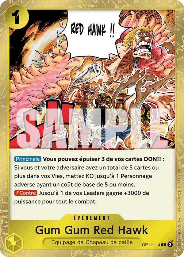 Carte One Piece Gum Gum Red Hawk V1 - FR OP11-114 R Des Poings Vifs Comme l'Éclair Neuf FR LorenZone