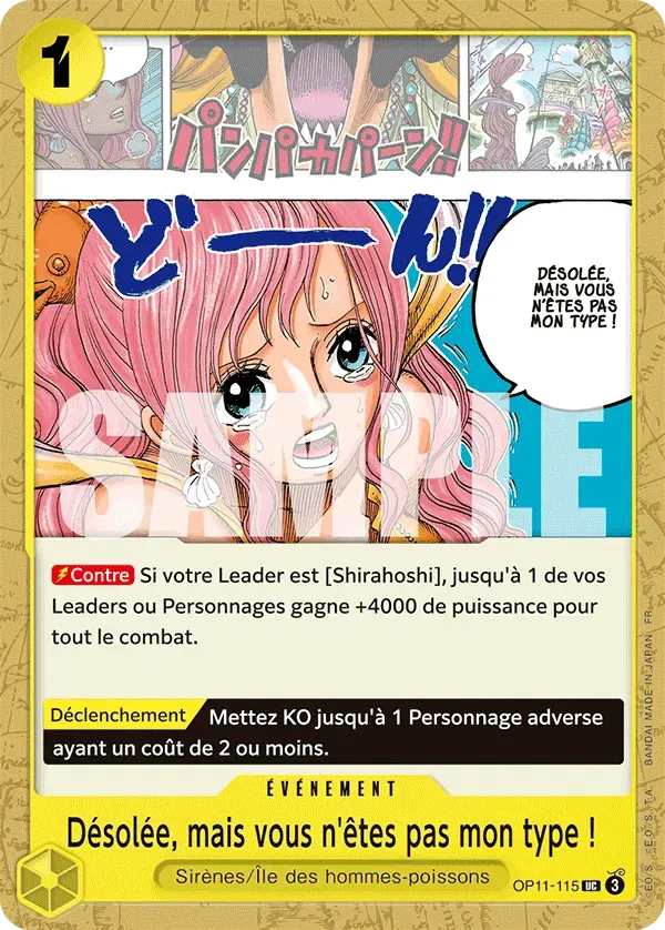 Carte One Piece Désolée, mais vous n'êtes pas mon type ! - FR OP11-115 UC Des Poings Vifs Comme l'Éclair Neuf FR LorenZone