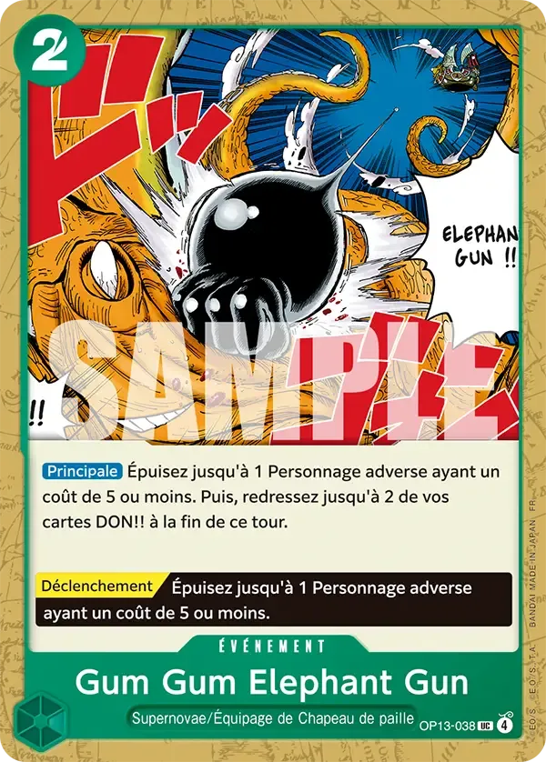 Carte One Piece Gum Gum Elephant Gun - FR OP13-038 UC Successeurs Neuf FR LorenZone