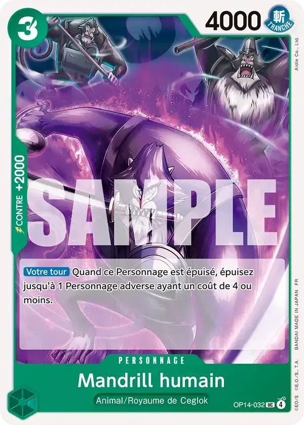 Carte One Piece Mandrill humain - FR OP14-032 UC Les Sept de la mer d’Azur Neuf FR LorenZone
