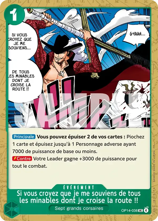 Carte One Piece Si vous croyez que je me souviens de tous les minables dont je croise la route !! - FR OP14-038 UC Les Sept de la mer d’Azur Neuf FR LorenZone