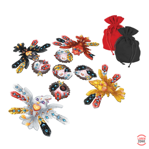 Phoenix Lubee - composants : plateaux phénix, plumes colorées, jetons cendres et sacs
