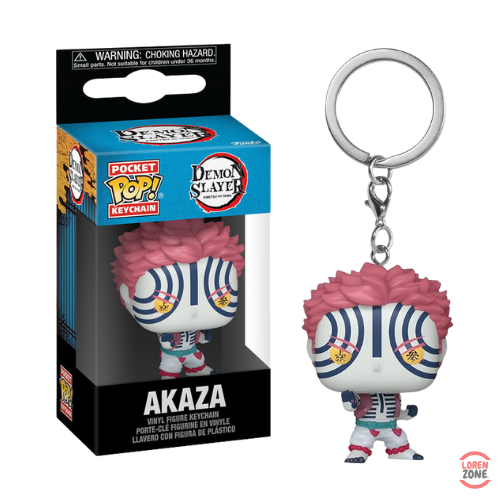 Porte-clés Pocket Pop Funko représentant Akaza, le démon de Demon Slayer, avec ses tatouages bleus caractéristiques et sa tenue de combat, présenté dans une boîte collector noire et bleue.