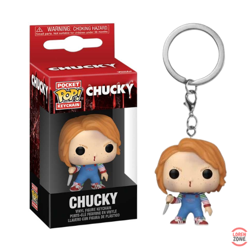 Porte-clés Pocket Pop Funko représentant Chucky, la poupée tueuse emblématique du film d’horreur, tenant un couteau et présenté dans sa boîte rouge collector.