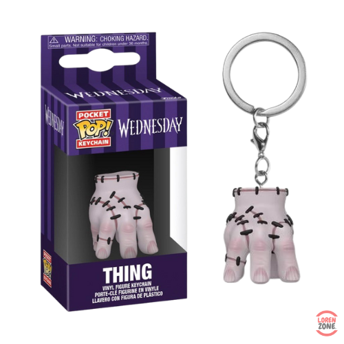 Porte-clés Pocket Pop Funko représentant Thing, la célèbre main cousue de la série Wednesday, présenté dans une boîte violette collector.