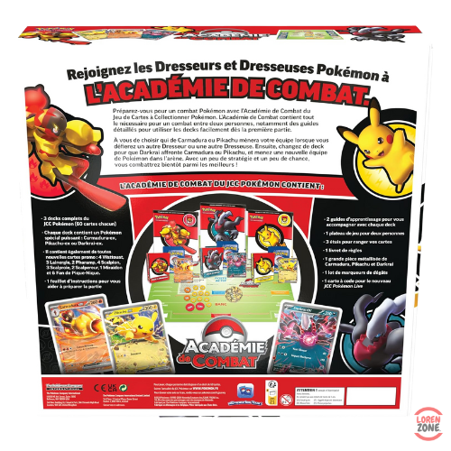 Dos du coffret Pokémon Académie de Combat V3 présentant le contenu détaillé et les decks