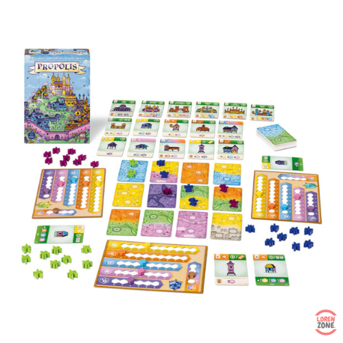 Propolis - contenu : 48 ouvrières en bois, 60 cartes Structure, 4 plateaux joueurs et marqueurs deluxe
