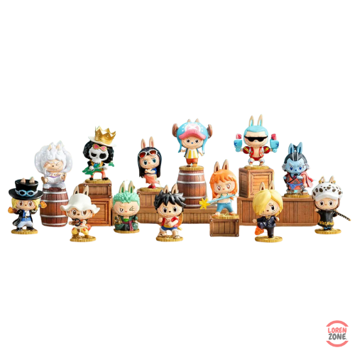 Collection complète des figurines POP MART The Monsters × One Piece avec Luffy, Zoro, Nami, Chopper, Sanji, Robin, Brook, et autres personnages en version lapin
