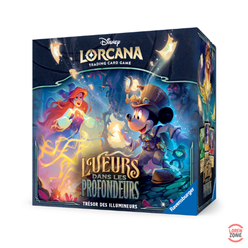 Boîte du Trove Pack Lorcana Chapitre 10 Lueurs Dans Les Profondeurs – Édition Trésor des Illuminieurs avec Mickey et Ariel sur la couverture.