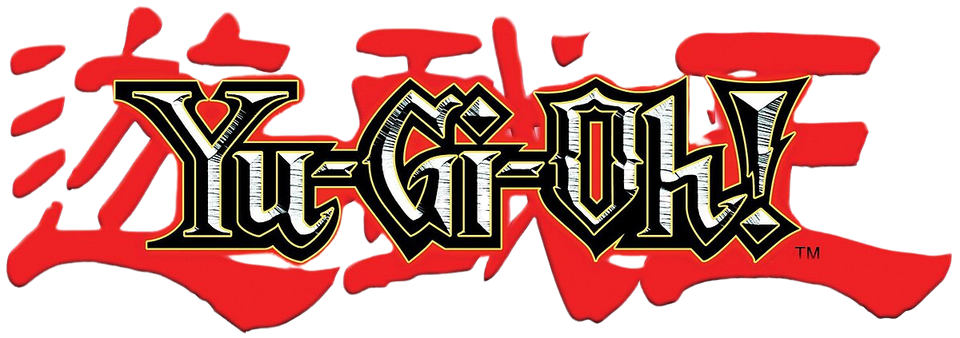Logo Yu-Gi-Oh! avec typographie noire et dorée stylisée sur fond de caractères japonais rouges