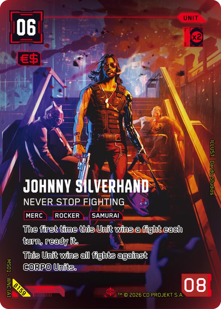 Carte Cyberpunk TCG Johnny Silverhand - Never Stop Fighting β159 - Welcome to Night City Beta | LorenZone