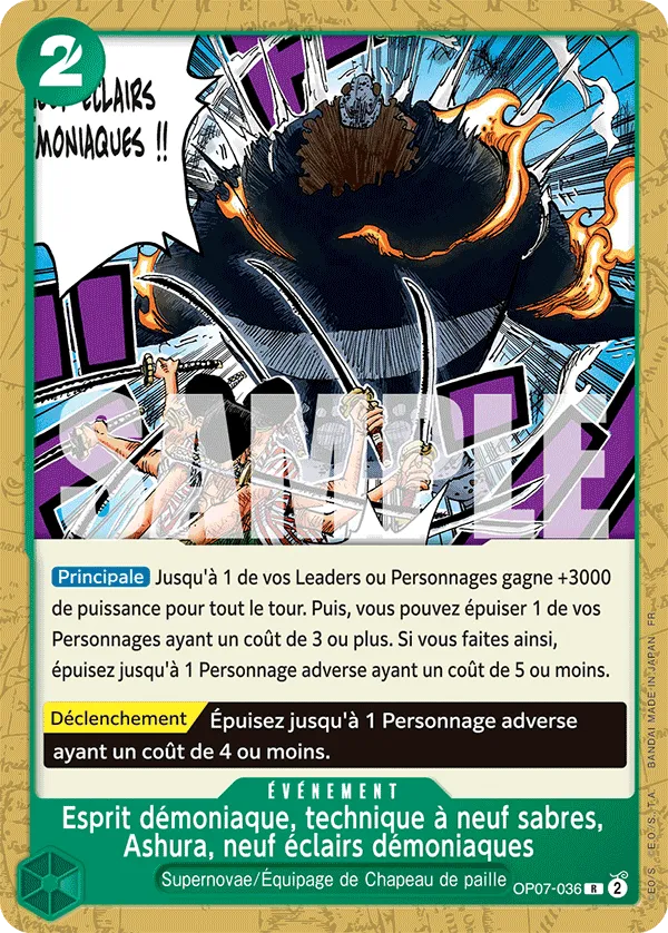 Carte One Piece OP07-036 Esprit démoniaque, technique à neuf sabres, Ashura, neuf éclairs démoniaques | LorenZone