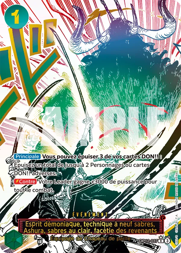Carte One Piece OP12-037 Esprit démoniaque, technique à neuf sabres, Ashura, sabres au clair, facétie des revenants V2 | LorenZone
