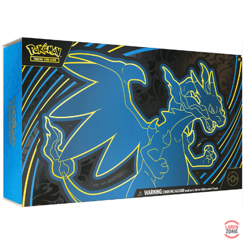 Coffret Ultra-Premium Pokémon Méga-Dracaufeu X avec illustration en ligne bleue de Dracaufeu sur fond noir