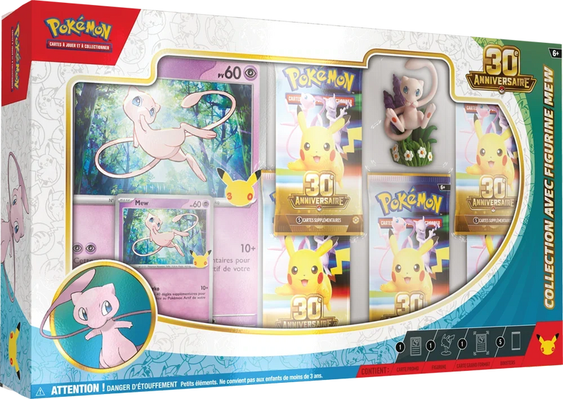 Collection avec figurine 30e Anniversaire Pokémon - coffret Mew français : figurine, carte promo, carte grand format et 5 boosters - LorenZone