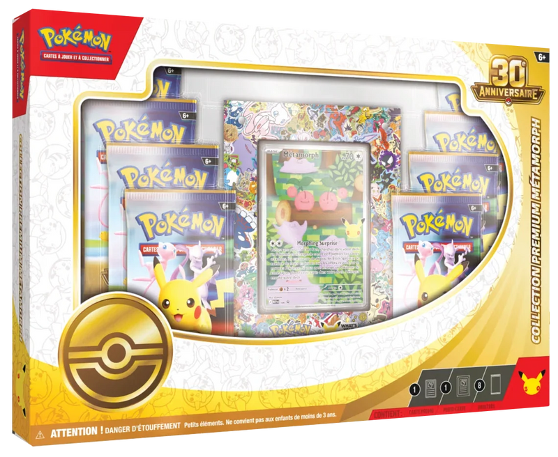 Collection Premium Métamorph 30e Anniversaire Pokémon - coffret français : 8 boosters, carte promo Métamorph et porte-carte acrylique - LorenZone