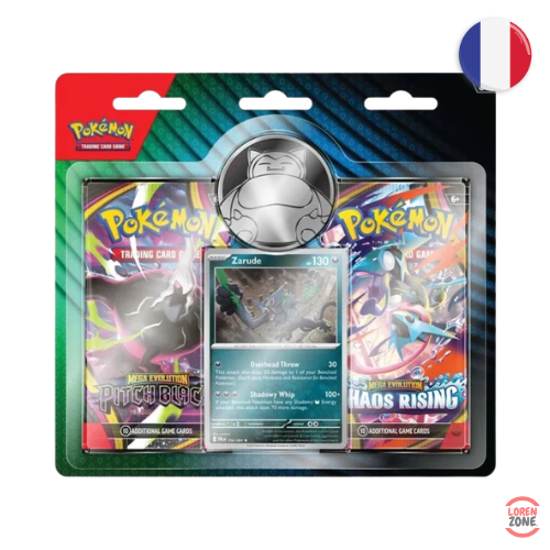 DuoPack Pokémon Zarude packaging horizontal : carte brillante, pièce Ronflex et 2 boosters Méga-Évolution | LorenZone