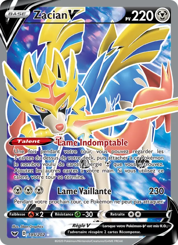 195/202 - Zacian V – Épée et Bouclier (Carte Pokémon FR à petit prix, à l’unité sur Lorenzone.fr)