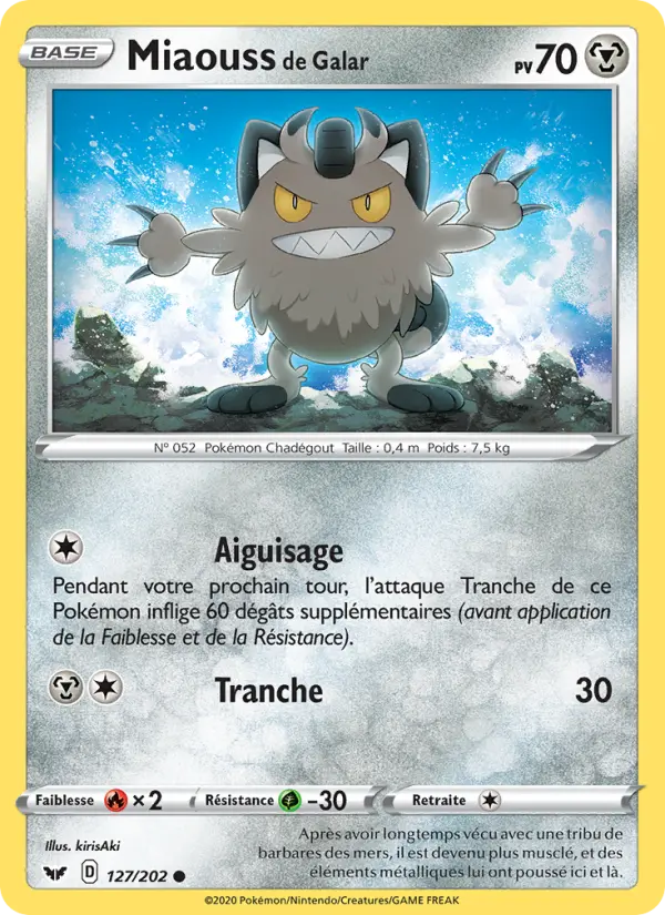 127/202 - Miaouss de Galar – Épée et Bouclier (Carte Pokémon FR à petit prix, à l’unité sur Lorenzone.fr)