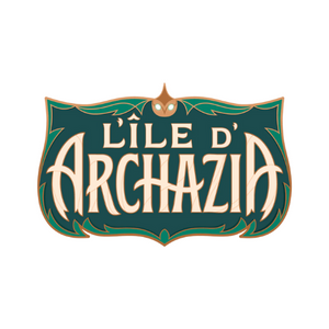 Logo Chapitre 7 – L’Île d’Archazia : un blason vert foncé bordé d’or, orné de motifs végétaux et d’un petit masque doré au sommet, avec une typographie beige élégante affichant "L’Île d’Archazia".