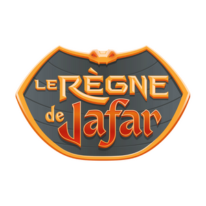 Logo Chapitre 8 – Le Règne de Jafar : un blason noir bordé d’or, avec une typographie rouge et orange en relief indiquant "Le Règne de Jafar", dans un style inspiré des contes orientaux.