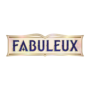 Logo Chapitre 9 – Fabuleux : un mot stylisé "FABULEUX" en majuscules bleues avec contours dorés, inscrit dans un encadré doré en forme de livre ouvert, sur fond irisé aux reflets scintillants.
