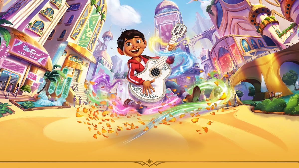 Disney Lorcana Chapitre 14 Hyperia City : visuel clé avec Miguel Rivera (Coco), © Disney / Ravensburger, LorenZone