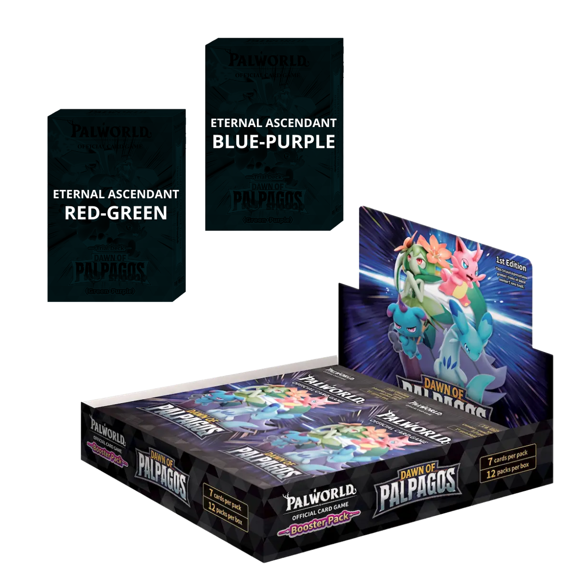 Lot Palworld TCG : Display Dawn of Palpagos BP01 édition 1 misprint Palword + Trial Decks Eternal Ascent TD03 et TD04, anglais, LorenZone