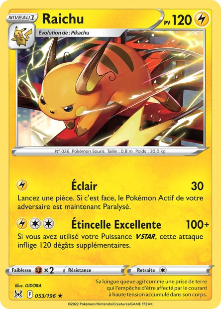 Carte Pokémon Raichu 053/196 LOR Origine Perdue EB11 Neuf FR LorenZone