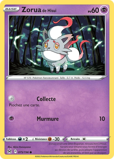Carte Pokémon Zorua de Hisui 075/196 LOR Origine Perdue EB11 Neuf FR LorenZone