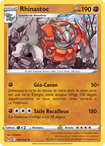 Carte Pokémon Rhincorne 091/196 LOR Origine Perdue EB11 Neuf FR LorenZone